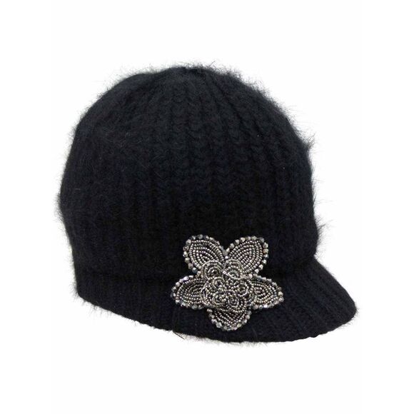 Angora Knit Newsboy Hat With Beaded Flower - Picture 1 of 8